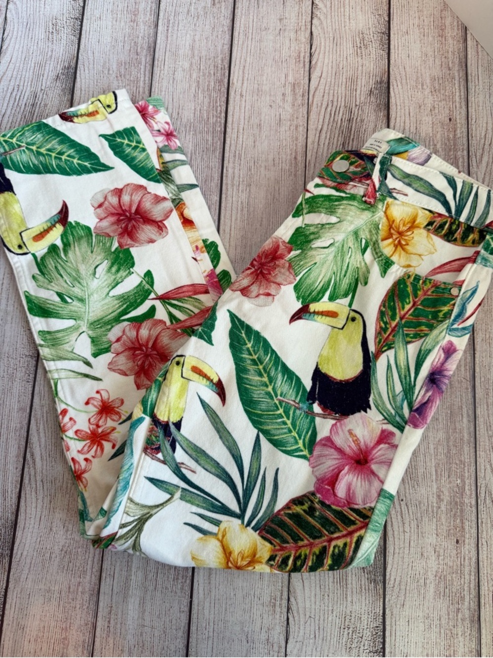 ZARA TRF Tropical Print High Rise Toucan Floral Jeans 4